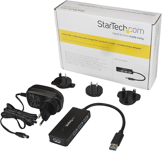 StarTech.com 4 Port USB 3.0 Hub SuperSpeed 5Gbps with Fast Charge Portable USB 3.1 Gen 1 Type-A Laptop/Desktop Hub - USB Bus Power or Self Powered for High Performance Mini/Compact (ST4300MINI) Black