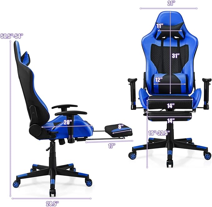 Giantex Massage Gaming Chair Ergonomic Video Game Chair with Footrest High Back E-Sport Computer Chair with Headrest &amp Massager Lumbar Support PU Leather Gaming Seat (Blue)