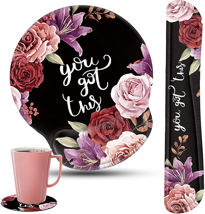 Keyboard Wrist Rest and Mouse Pad Wrist Support Set with CoastersErgonomic Gaming Mousepad for Home Office Working Studying Easy Typing &amp Pain ReliefYou Got This Adorable Peony Flower