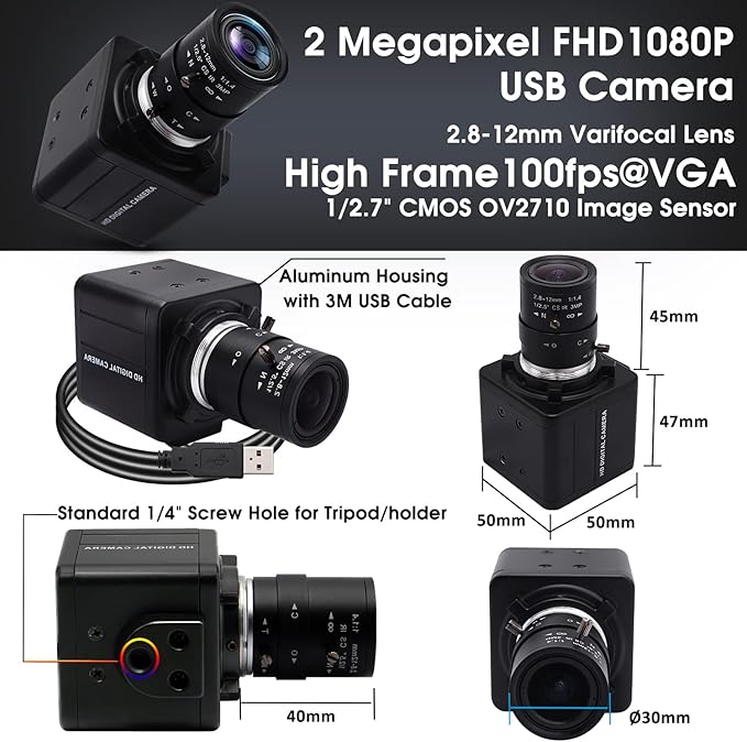 SVPRO 2.8-12mm Manual Zoom Lens 1080P Full HD Webcam Wide Angle Portable PC Computer USB Camera for Streaming with CMOS OV2710 Sensor for WindowsAndroidLinux MAC OS1/4 Inches Screw Mount