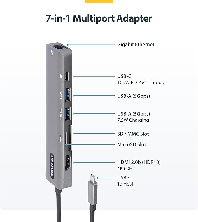 StarTech.com 7-in-1 USB-C Hub Extra Long Cable Multiport Adapter with Gigabit Ethernet 4K 60Hz HDMI Gigabit Ethernet SD/microSD and 100W Charging for MacBook Pro/Air and Windows