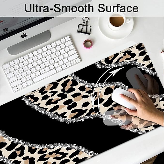 Black Large Gaming Mouse Pad - 31.5x11.8 Ergonomic Memory Foam Wrist Rest Support Non-Slip Base Leopard Design