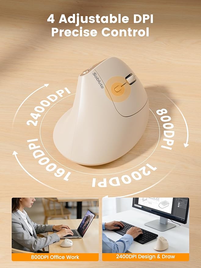 SABLUTE MAM3 Ergonomic Mouse Rechargeable Wireless Vertical Mouse with 4 Adjustable DPI for Small/Medium Hands Dual-Device Connectivity for Computer/PC/LaptopBluetooth Mouse for WindowMac OSBeige