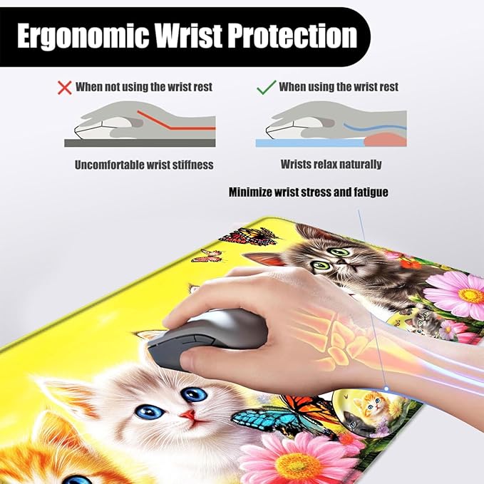 Mouse PadLarge Desk Mat Set 4in1 XL Mousepad + Keyboard Wrist Rest+Mouse Wrist Rest+Coaster with Ergonomic Desk Pad for Home Office Table Computer Cover -Kittens Flowers Butterflies