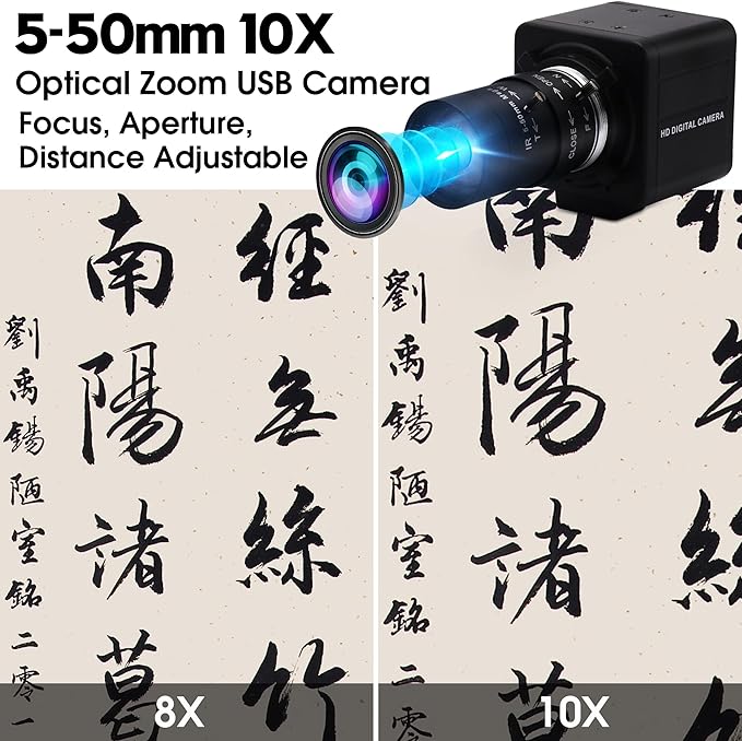 4K Ultra HD 5-50mm Zoom Manual Lens USB Web Camera 2160P IMX317 Sensor 10X Varifocus Close-up USB Webcam for Windows/Linux/Raspberry Pi