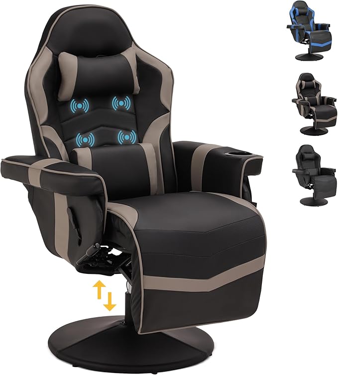 Game Reclining Chair with Adjustable Height PU Gaming Chair with Massage Long Footrest and Lumbar Support High Back Swivel Computer Game Chair for Adult (Gray)