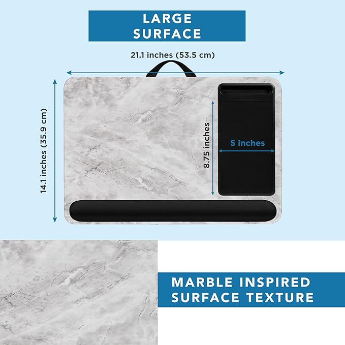 LAPGEAR Home Office Pro Lap Desk with Wrist Rest Mouse Pad and Phone Holder - White Marble - Fits up to 15.6 Inch Laptops - Style No. 91591