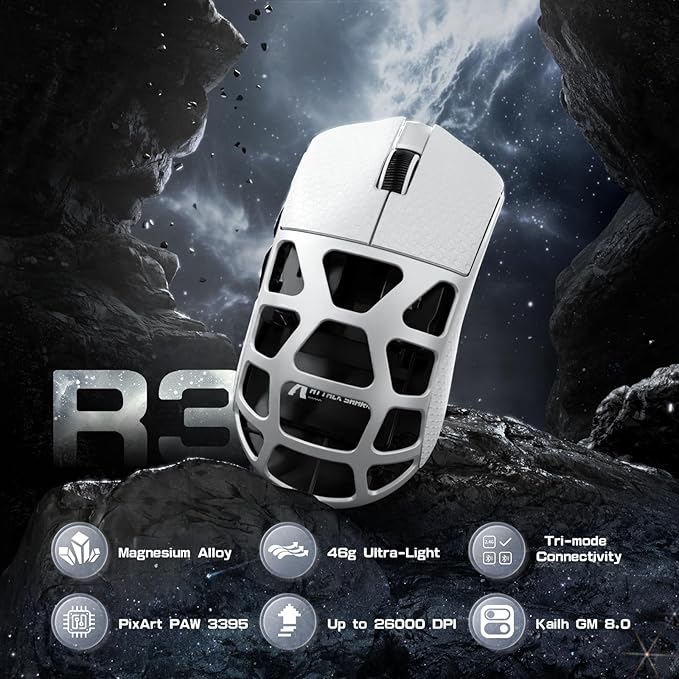FELICON x Attack Shark R3 Magnesium Alloy Wireless Gaming Mouse 46g Ultra-Lightweight Skeletal Shell PAW3395 26K DPI 8K Polling Tri-Mode 2.4G/BT/Wired for PC Mac Laptop - White &amp Griptape