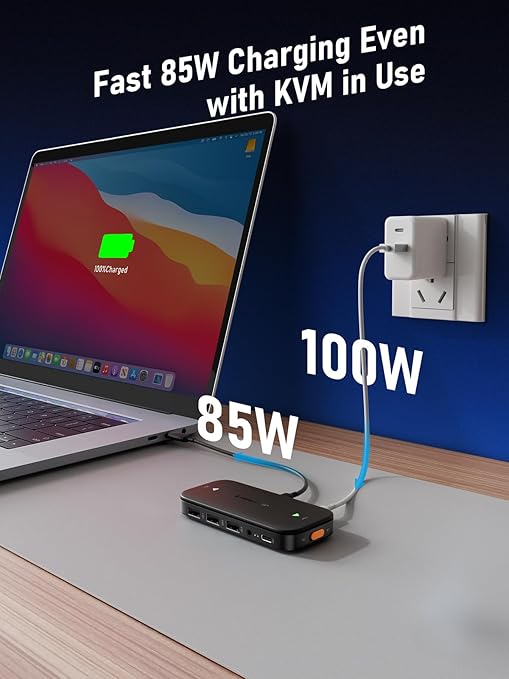Lemorele USB C KVM Switch 2 Computer Sharing 4K@60Hz HDMI Monitor 100W PD Fast Charging 3×USB-A 2.0 + 1×USB-C 2.0 Data Ports 3.5mm Audio for Windows/Mac/Linux