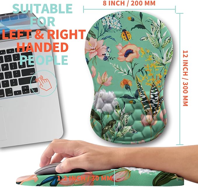 Ergonomic Mouse Pad Wrist Support with Memory Foam Massage Bulge Carpal Tunnel Pain Relief Mousepad Wrist Rest for Mouse(12x8 inch Pink Flowers)