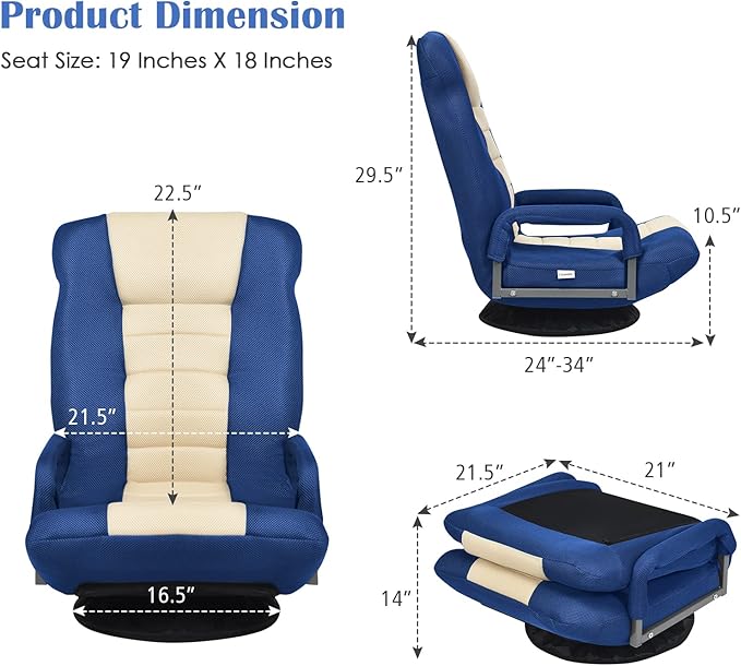S AFSTAR Floor Gaming Chair Swivel Foldable Chair with Armrest &amp 6-Position Adjustable Backrest Folding Rocker for TV Reading &amp Home Office (Blue)