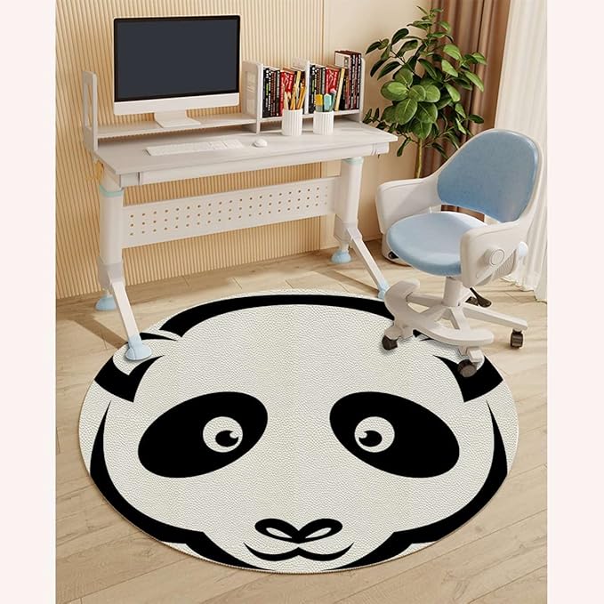 White and Black PU Leather Hardwood FloorsTile Non-Slip Office Chair Mat Cartoon Smiling Panda Animal Anti-Slip Low Pile Under Desk Rug Large Floor Protector Anime Diameter 39.4 in