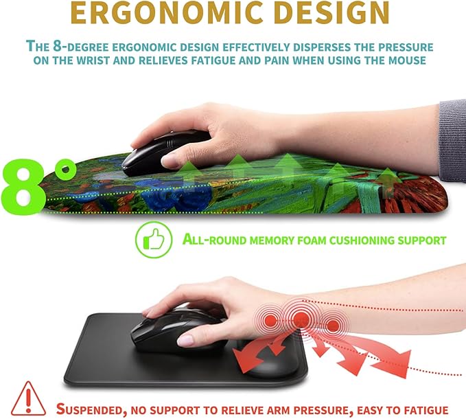 Hokafenle Ergonomic Mouse Pad Wrist Support with Massage Design Wrist Rest Pain Relief Mousepad with Memory Foam&ampNon-Slip PU Base Mouse Pads for Wireless Mouse &amp Desk(12x8 inchVangogh Iris