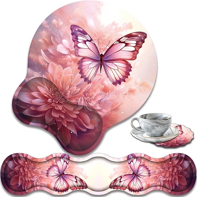 Ergonomic Keyboard Wrist Support Pad and Wrist Support Mouse Pad Anti-Slip with Gel Memory Mouse Pad Set Suitable for Office Use/Home Use - Pink Butterfly Flower
