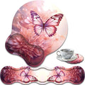 Ergonomic Keyboard Wrist Support Pad and Wrist Support Mouse Pad Anti-Slip with Gel Memory Mouse Pad Set Suitable for Office Use/Home Use - Pink Butterfly Flower