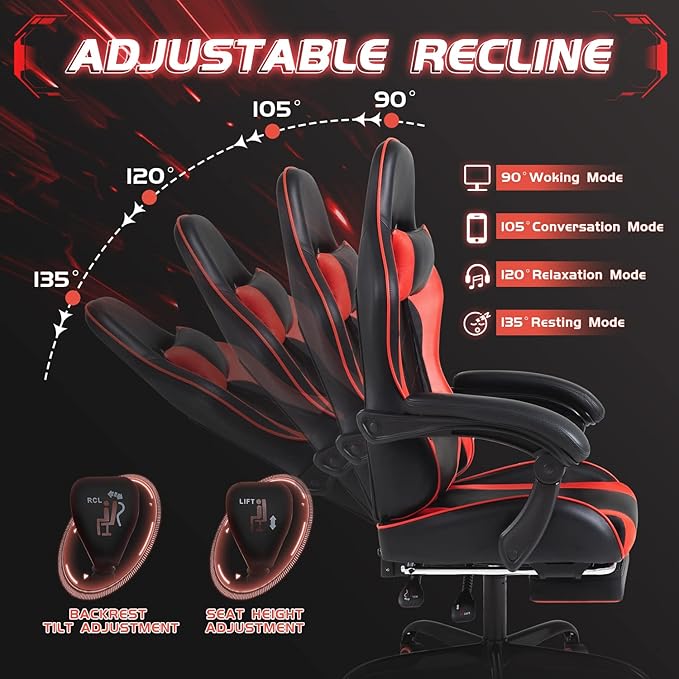 Shahoo Gaming Chair Video Gaming Chair with Footrest and Lumbar Support Ergonomic Computer Chairs with 360° Swivel and Height Adjustable Spin Chair with Headrest for Home Office Study Room (Red)