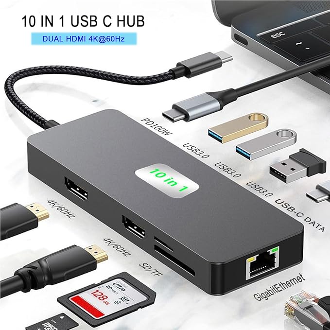 USB C to Dual Monitor DockingStation USB C to Dual HDMI(4K@60Hz) Multiport Adapter Thunderbolt 3 Hub (10 in 1 2HDMI 4K60Hz+ RJ45)