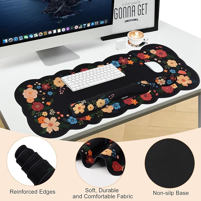 Petmolico Ergonomic Wrist Pad Set 4 in 1 with Computer Keyboard Desk Gaming PadMouse Pad with Wrist RestTyping Wrist Support and Cup CoastersNon-Slip PU Base [BlackFloral Hoop]