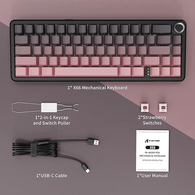 ATTACK SHARK X66 Wireless Mechanical Gaming Keyboard with KnobTri Mode USB-C/BT5.0/2.4G Gasket Mounted 60% RGB Gaming KeyboardSide Printed PBT Keycap Hot Swappable Strawberry Switch(BlackBerry)
