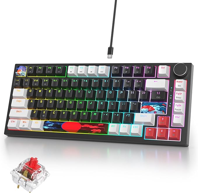 75% Mechanical Gaming Keyboard - Hot Swappable RGB Backlit Custom Keyboard with Knob Gasket Mount USB Wired 82 Keys (White Black Linear Red Switch)