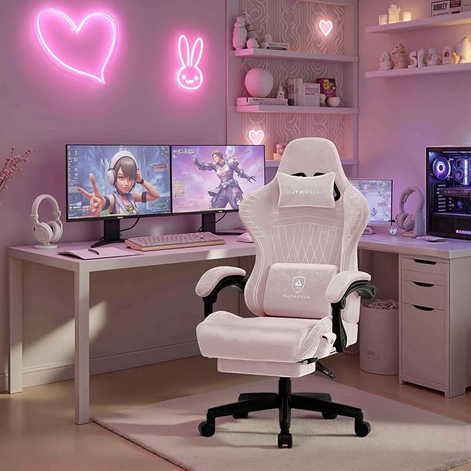 GTPLAYER ACE-PRO Music Gaming Chairs – Built-in Speakers App Support &amp Bluetooth Control Computer Game Chairs with Footrest for Adults Ergonomic Reclining Silla Linkage Armrest Pink 【Velvet】