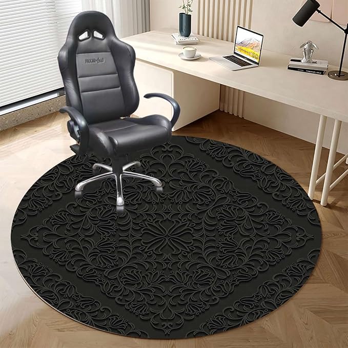 Black Grey PU Leather Hardwood/Tile Floor Chair MatRolling Chair Mat Dark Grey Baroque Curved Flower Lines Desk Chair Mats Low-Pile Carpet Anti-Slip Floor Protector Rug Vintage Diameter 47.2 in