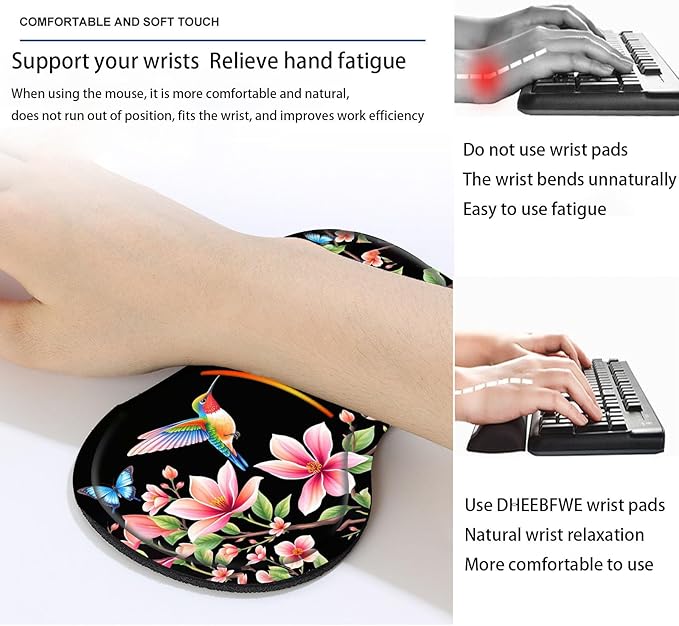 Keyboard Mouse Pad SetLarge Desk Pad+Keyboard Wrist Rest+Mouse Wrist Support+CoasterEasy Typing Pain Relief Non-Slip Wrist Support Mousepad Set Home OfficeHummingbird Blossom