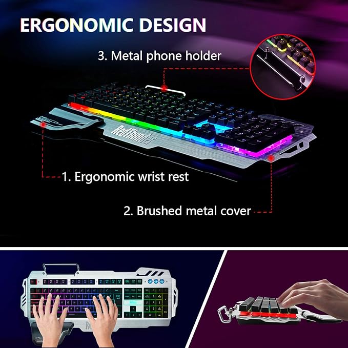 RedThunder K900 Gaming Keyboard RGB Backlit Semi-Mechanical with Wrist Rest Water-Resistant USB Wired Hybrid Ergonomic Teclado Gamer for Desktop Computer PC Mac PS4