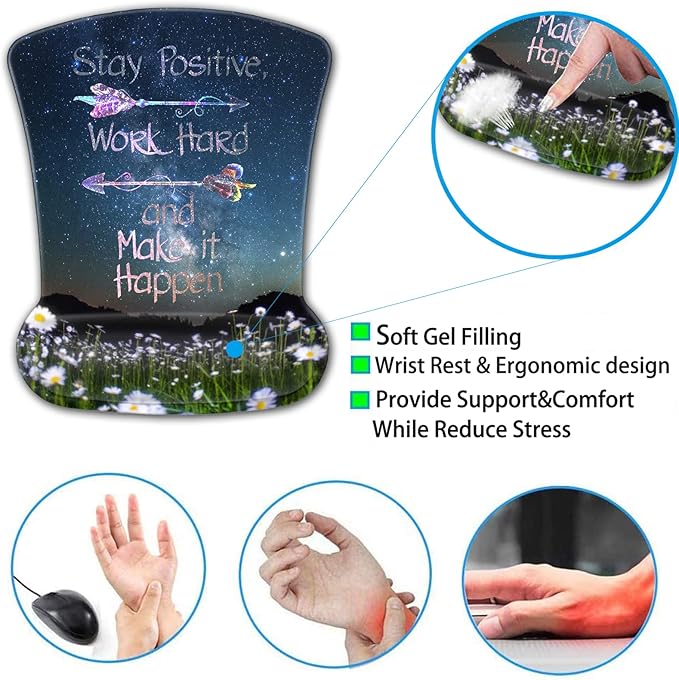 Ergonomic Mouse Pad Wrist SupportStarry Sky Mouse Pads with Non-Slip PU Base for Home Office Working StudyingMemory Foam Keyboard Wrist Rest Easy TypingStay Positive Work Hard Inspirational Quotes