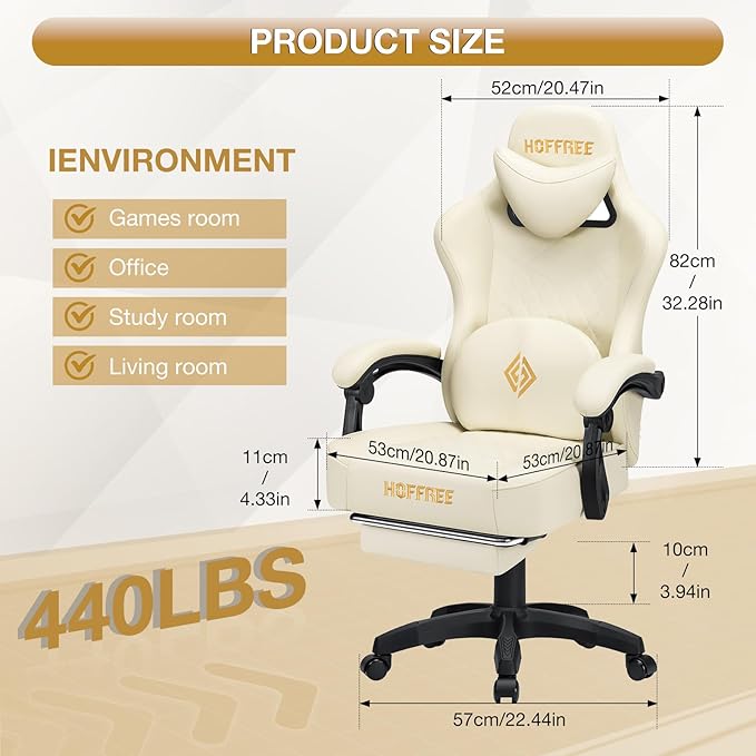 HOFFREE Gaming Chair Computer Chair with Speakers Massage Game Chairs with Footrest Bluetooth High Back Ergonomic Computer Gaming Chairs for Adults Reclining Video Gamer Chair Ivory