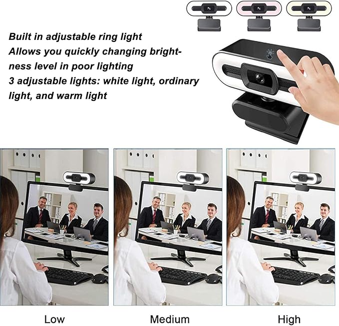 1080P HD Webcam with Microphone 120° Wide Angle Camera with Adjustable Ring Light Auto Focus Laptop USB Webcam for Video Calling Recording