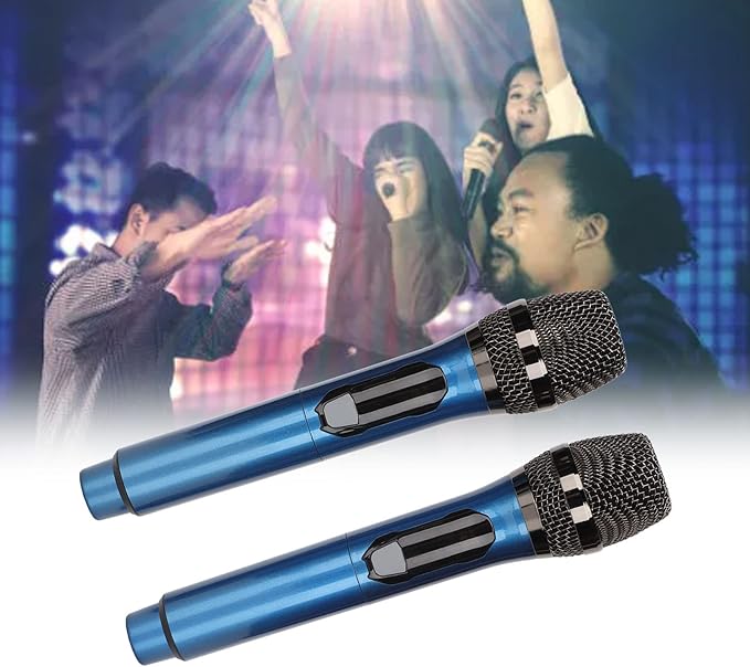Cordless Microphone Dual Digital Dynamic Microphone with Receiver 50m Range 3.5mm Adapter Microphone with Smart LED Display for Singing Karaoke Meeting Wedding (Blue)