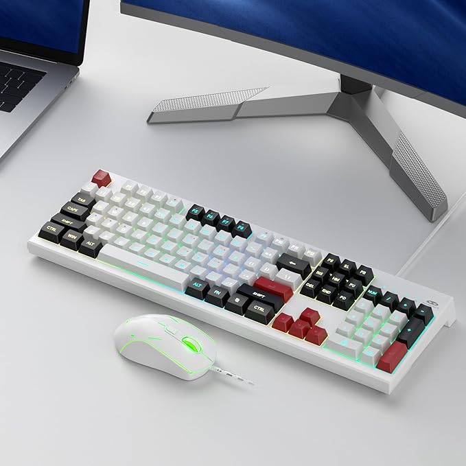 MageGee Creamy Keyboard and Mouse Combo K2 Classic Keyboard Wired RGB Backlit 104 Waterproof Ergonomic PC/Laptop/MAC - Knight Red