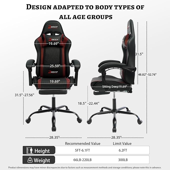 Ergonomic Gaming Chair with Footrest and Lumbar Massage Racing Office Chair High Back Computer Desk Chair with Headrest Pillow for Adults Video Game Chair for PC Gamer (1001-Red)