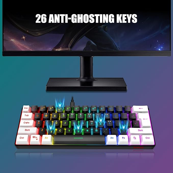 RedThunder 60% Gaming Keyboard and Mouse Combo Ultra-Compact 61-Key RGB Backlit Mini Keyboard Lightweight 7200 DPI Honeycomb Optical Mouse RGB Wired Gaming Set for PC PS5 Xbox Gamer(Black-White)