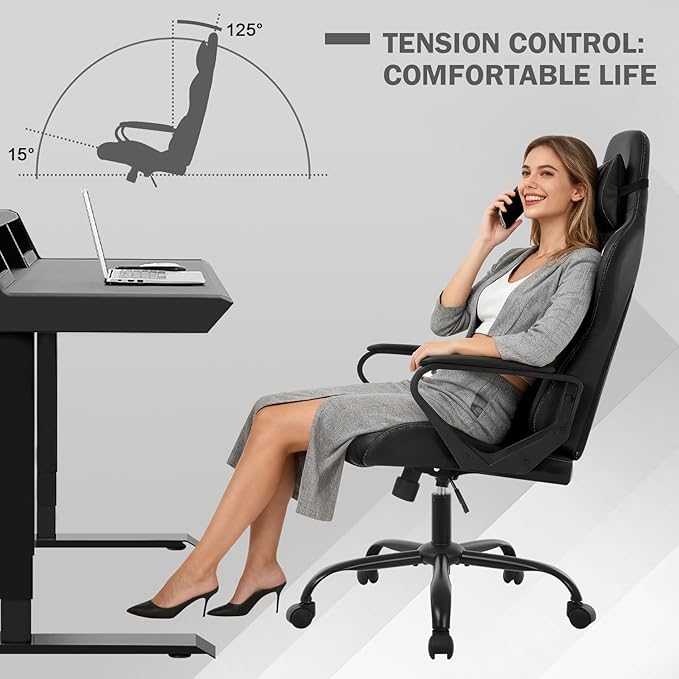 Gaming Chair Ergonomic Office Chair Desk Chair with Lumbar Support 360 Swivel &amp Rolling Computer Chair for Adults PU Leather Racing Style Supports 250lbs(Grey)