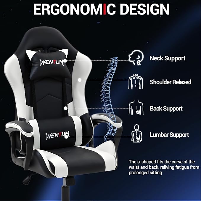 Gaming Chair PU Leather Massage PC Video Game Chair with Lumbar Support for Men Women Home Office Height Adjustable Ergonomic High Back White