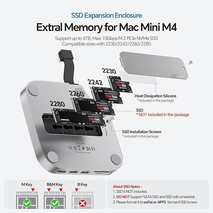 Mac Mini M4 Dock Stand with DP 4K 144Hz &amp HDMI 4K 60Hz Mac Mini M4 Pro Hub with 4TB NVMe SSD Enclosure (SSD NOT Included) 3 USB A 2.0 SD/TF 3.0 3.5mm Audio/Mic USB C Hub for Mac Mini 2024