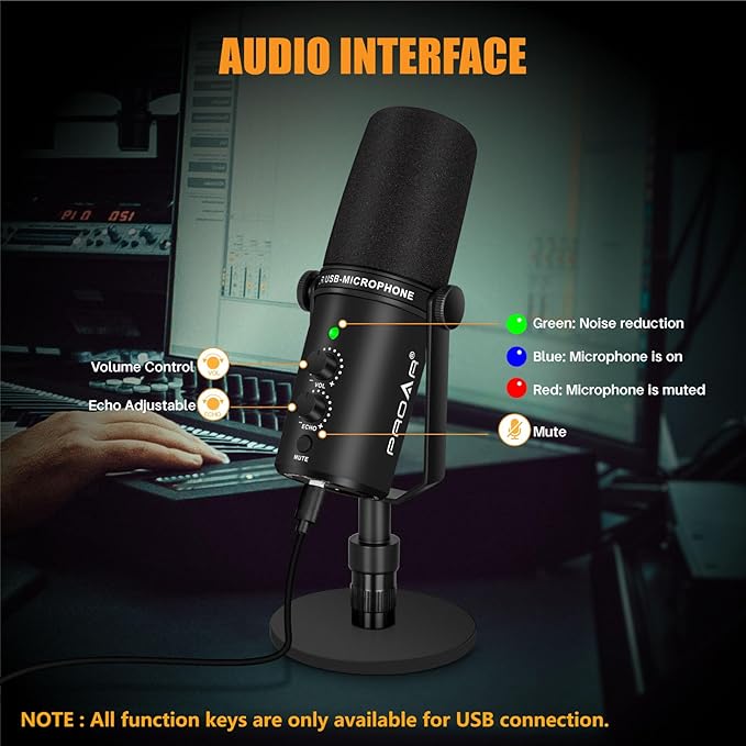 XLR/USB Dynamic MicrophonePC Computer Microphone for PodcastingVocal RecordingLive StreamingGamingVoice-OverAll Metal Professional Studio Mic Kit with Noise CancellingUSB-C Port
