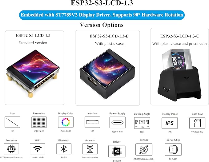 ESP32-S3 1.3inch Display Development Board ESP32 with Display 240x240 Pixels Built-in ST7789V2 &amp 6-Axis IMU 262K Color SPI Communication Supports 90° Hardware Rotation with Case and Prism Cu