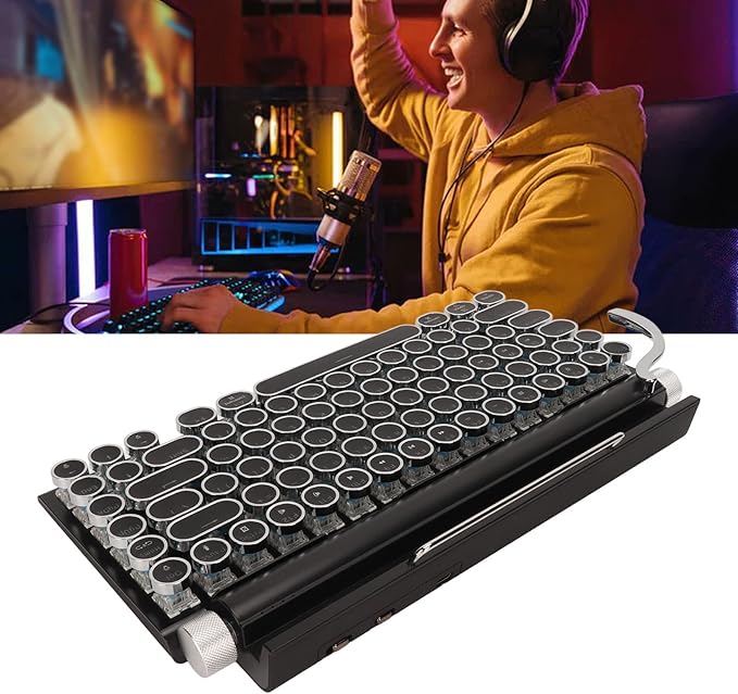 PUSOKEI Retro Typewriter Mechanical Gaming Keyboard - 83 Keys Bluetooth Punk RGB Backlit With Blue Switch Metal Round KeyCap for PC Laptop Phone (Black)