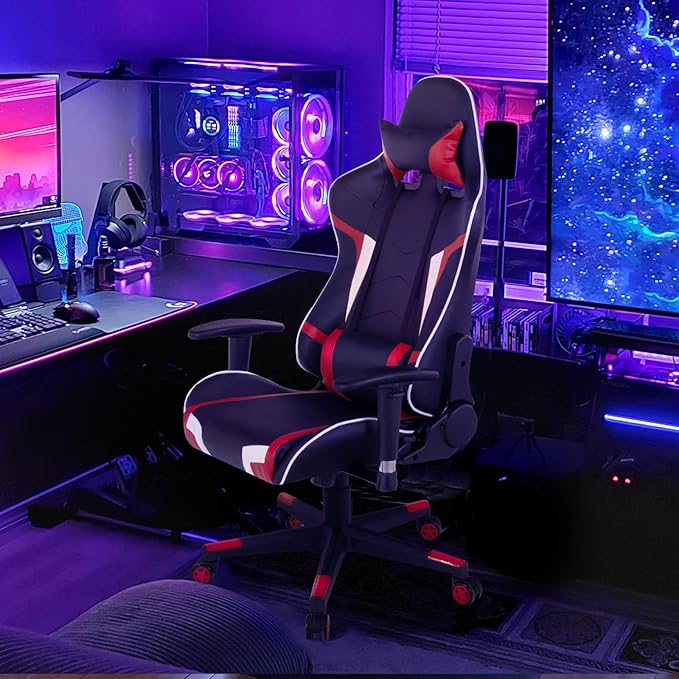GYMAX Gaming Chair Massage Gaming Chairs for Adults with Headrest Lumbar Support &amp Armrest Video Computer Reclining Gaming Chair Office Desk Gamer Task Chair (Red Chair with Black Z-Shape Desk