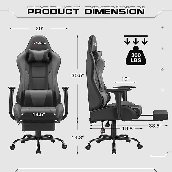Homall Gaming Chairs Computer Chair with Footrest and Massage Lumbar Support Height Adjustable Game Chair with Headrest and Swivel Seat (Light Grey)