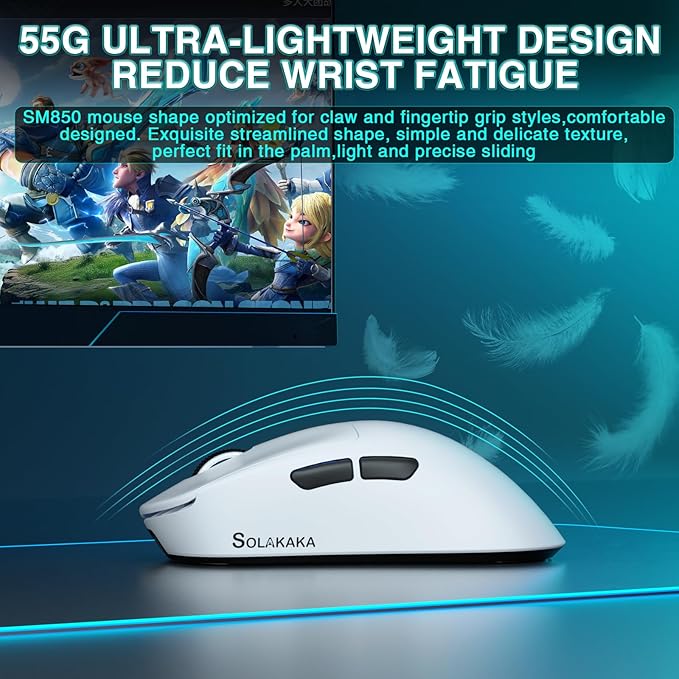 SOLAKAKA SM850 - Wireless Gaming Mouse - Programmable Buttons24000 DPI Adjustable Lightweight Ergonomic Computer Wireless Mouse BT5.1/2.4G/Wired PC Gaming &amp Office Mice for Win/Mac/Linux