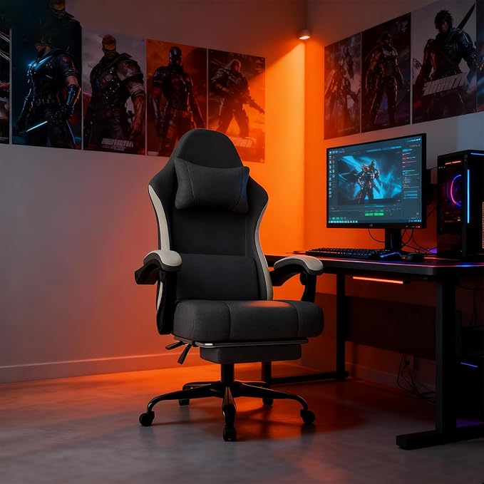 Ergonomic Gaming Chair with Pocketed Spring Cushion Breathable Fabric Computer Chair with Footrest Adjustable Lumbar Support Video Game Chair for Adults (Fabric Grey)