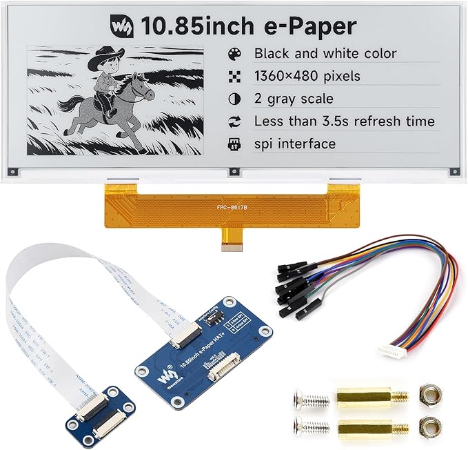 Waveshare 10.85inch e-Paper Display Compatible with Raspberry Pi 5/4B/3B/Zero/Zero W/Zero 2W/Pico/Pico W/Pico WH E-Ink Display 1360 × 480 Black/White SPI Interface with Driver Board