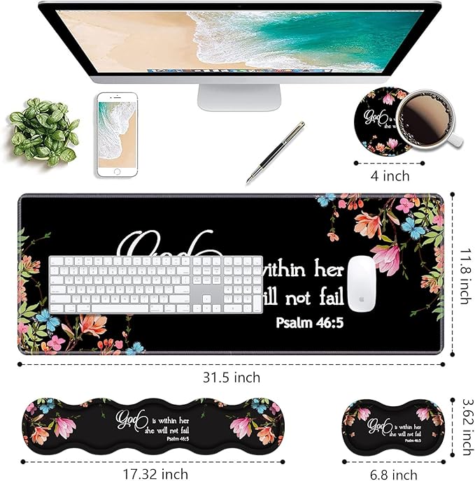 Ergonomic Keyboard Wrist Rest &amp Mouse Pad Wrist Rest SetLarge Gaming Desk Mat 31.5x 11.8 with Non-Slip BaseMemory FoamEasy Typing Pain Relief for Home &amp OfficeFloral Quote Bible Verse Ps