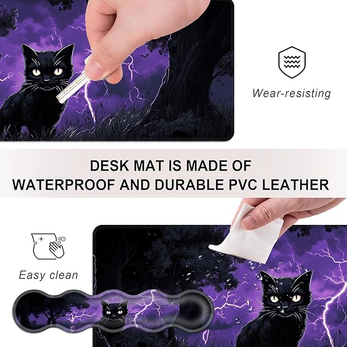 Mouse PadLarge Desk Mat Set 4in1 XL Mousepad + Keyboard Wrist Rest+Mouse Wrist Rest+Coaster with Ergonomic Desk Pad for Home Office Table Computer Cover -Cat in Purple Lightning Storm