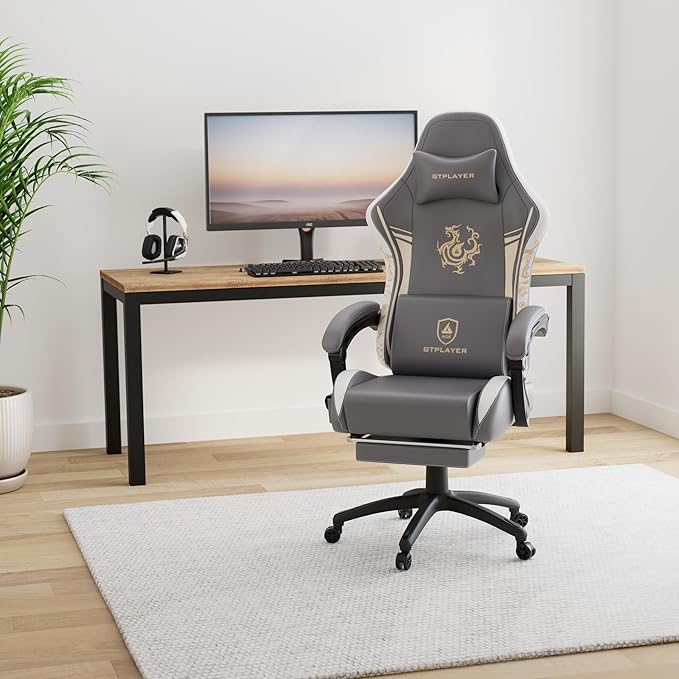 GTPLAYER Gaming Chair with Bluetooth Speakers and Footrest Dragon Series Video Game Chairs Heavy Duty Ergonomic Chairs Esports Gaming Computer Office Chair (Gray)