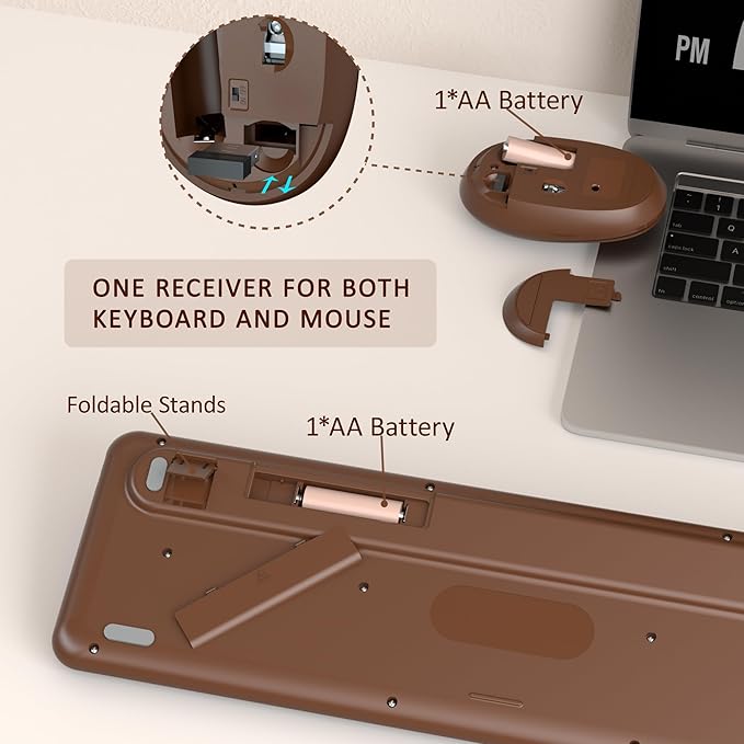 Colorful Wireless Keyboard and Mouse Combo COVEVA 2.4GHz Wireless Retro Cute Round Keycaps Keyboard 104 Keys Full-Sized Keyboard Mouse Set with Switch Button for PC Laptop Desktop (Brown Colorful)